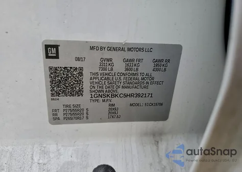 2017 Chevrolet Tahoe K1500 Lt from USA, damaged, VIN 1GNSKBKC5HR392171